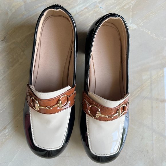 Block platform patent leather heels in black, brown and ivory size 7 gold accent - Picture 7 of 8